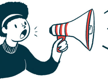 A woman shouts an announcement into a bullhorn.