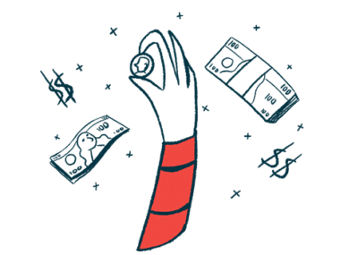 A hand holds a coin while bills and dollar signs float in the air.