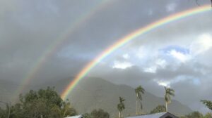 A double rainbow arches across a moderately cloudy blue sky above palm trees. A mountain range can be seen in the background. The photo was taken in Papua, Indonesia. 