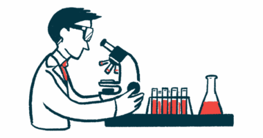 This is an illustration of a research scientist in a lab using a microscope.