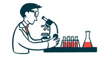 This is an illustration of a research scientist in a lab using a microscope.