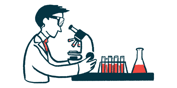 This is an illustration of a research scientist in a lab using a microscope.