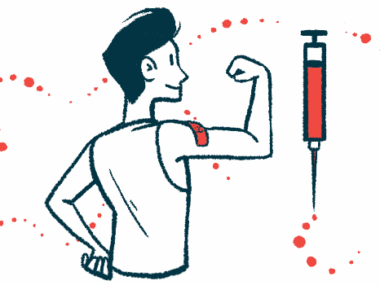 A person flexes an arm sporting a bandage alongside an image of an oversized, filled injection syringe.