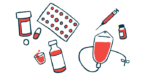 An array of medications, including pills and a syringe, is shown in this illustration.