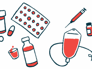 This illustration shows an array of medications, including pills, an IV bag, and a syringe.