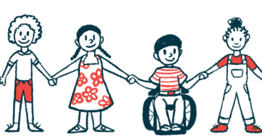 Illustration of four children holding hands, including one child in a wheelchair.