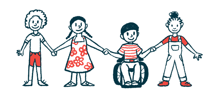 Illustration of four children holding hands, including one child in a wheelchair.