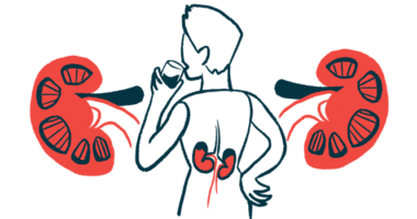 An illustration highlights the kidneys of a person pictured from behind while drinking from a glass.