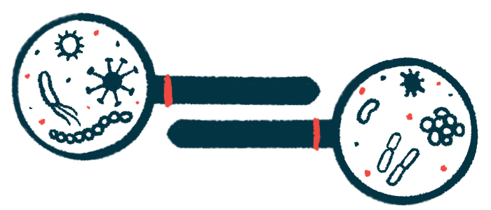 Bacteria are shown under two magnifying glasses.