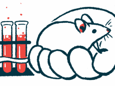 An oversized human hand is seen holding a mouse alongside a rack of three filled vials in a lab.