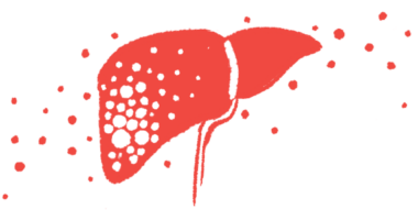 An illustration shows a close-up view of the human liver in profile.