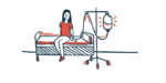 A woman hooked up to an IV sits on an exam table.