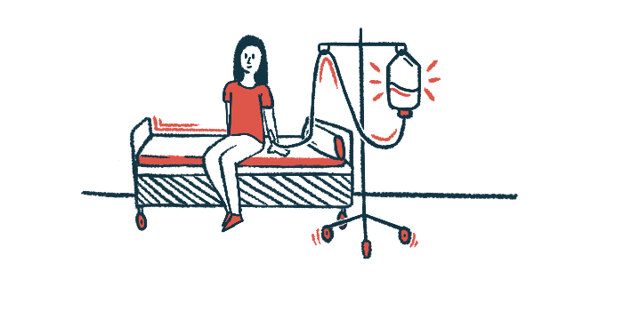 A woman hooked up to an IV sits on an exam table.
