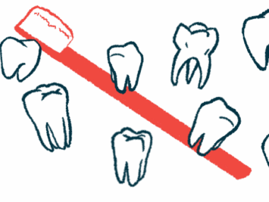 Several teeth of different shapes and sizes are seen floating in front of a red toothbrush.
