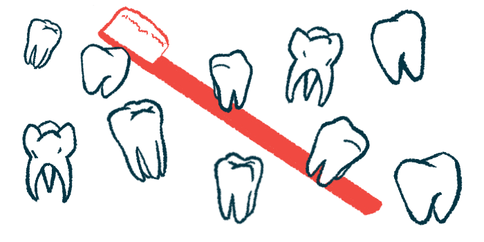 Several teeth of different shapes and sizes are seen floating in front of a red toothbrush.