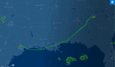 A green line marks travel across a dark blue map of the Southeastern United States, with light white lines separating the states.