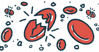 Broken, damaged red blood cells are shown.