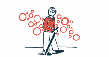 This illustration shows a man using a cane as he walks.