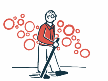 This illustration shows a man using a cane as he walks.
