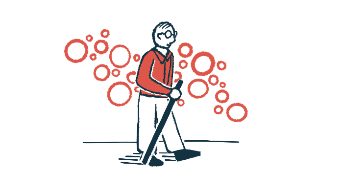 This illustration shows a man using a cane as he walks.
