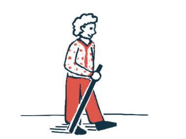 A woman walks with a cane.